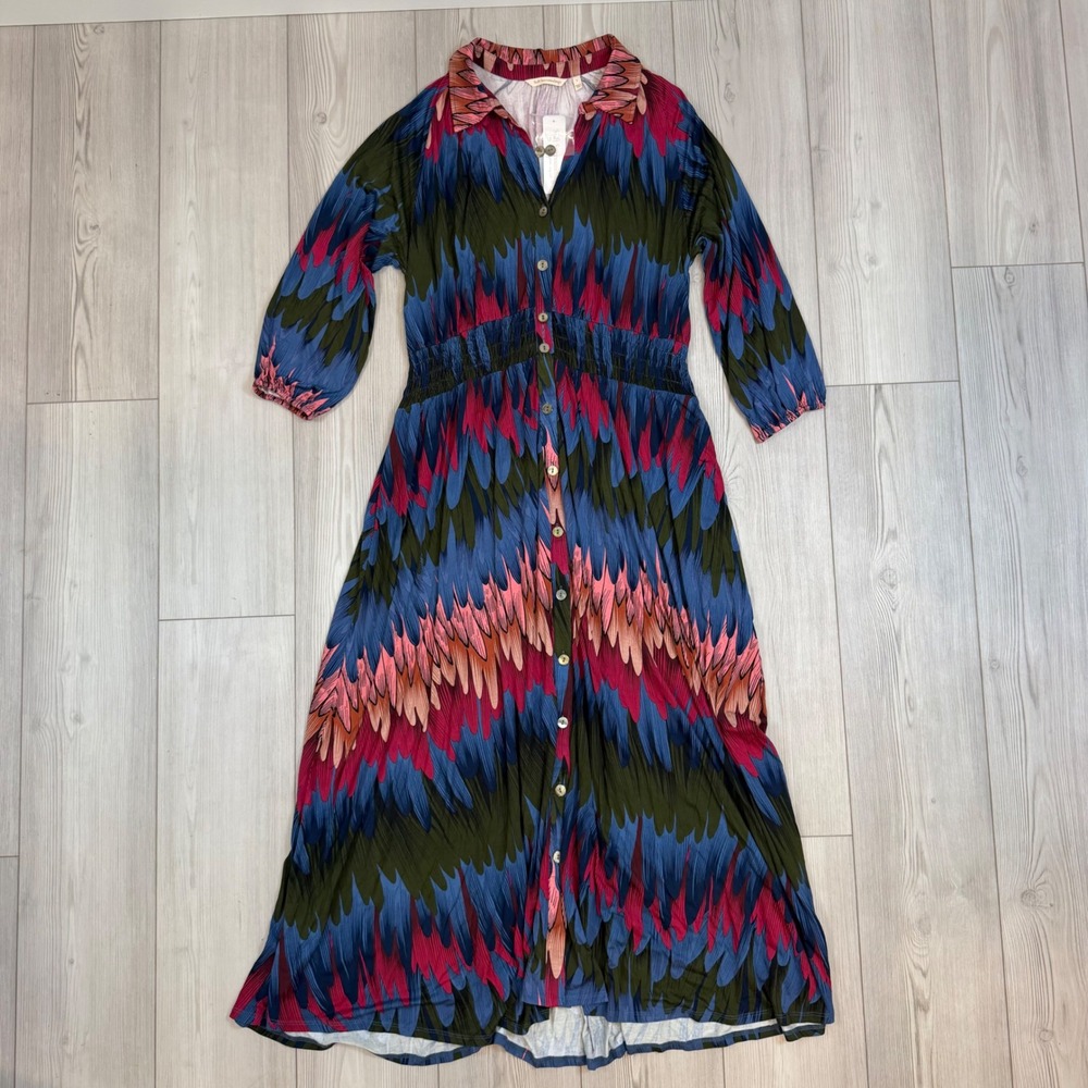 Soft Surroundings Ancient Isle Shirtdress L Multi Color Feather Print Maxi New